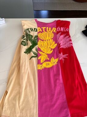 FARM RIO Colorblock Banana Print DRESS in Cream, Pink & Red Size M